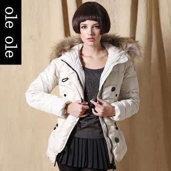 2012新款女修身连帽大毛领中长款加厚白鸭绒羽绒服