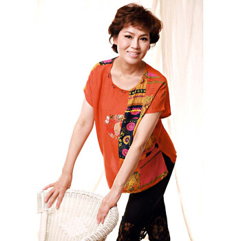 妍昆 中老年女装夏装 拼图妈妈装夏装 民族风中年女装短袖T恤 橘色 3XL