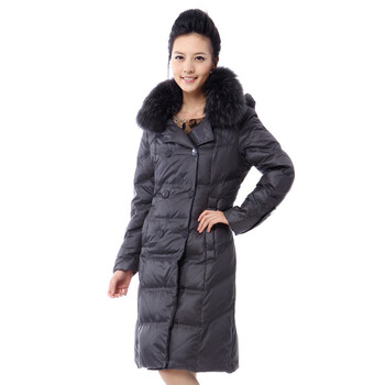 新品 雅鹿 女士双排扣貉子毛大翻领长款羽绒服 ^@^YM10780 墨灰 175/XXL