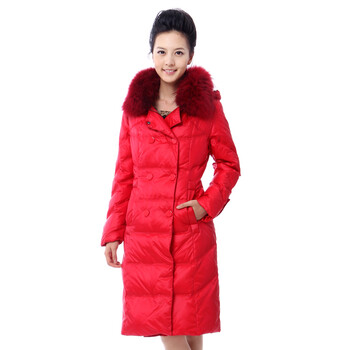 新品 雅鹿 女士双排扣貉子毛大翻领长款羽绒服 ^@^YM10780 红色 175/XXL