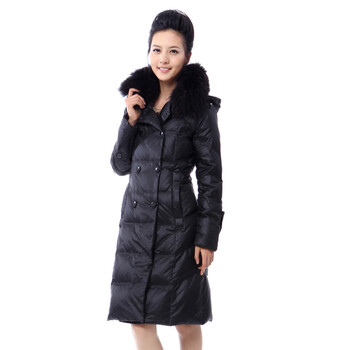 新品 雅鹿 女士双排扣貉子毛大翻领长款羽绒服 ^@^YM10780 黑色 175/XXL