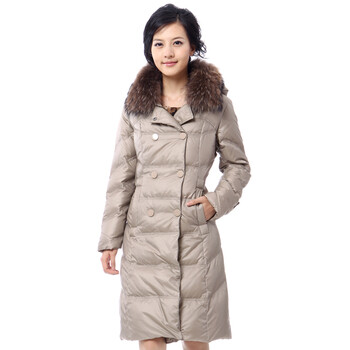 新品 雅鹿 女士双排扣貉子毛大翻领长款羽绒服 ^@^YM10780 米绸色 175/XXL