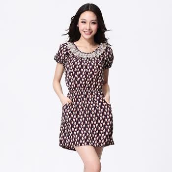 紫格子 2012夏季新款 时尚瑞丽 印花雪纺 连衣裙 裙子 D1121 小麻雀 L