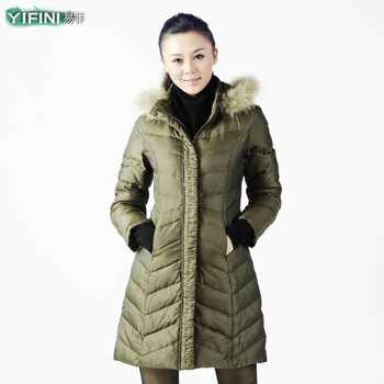 易菲/YIFINI专柜正品特价冬装修身长款品牌羽绒服外套女大码YJW0061 铜绿色 XL