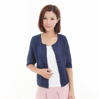 初棉 夏季新款苎麻文艺开衫中袖小圆领麻衬衫女款通勤衬衣 S6206 藏青 XL