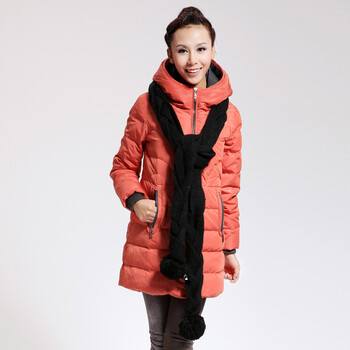 Cilaya/熙兰雅 韩国纹撞色拉链轻薄中长款修身羽绒服女正品 11701 桔色 XL