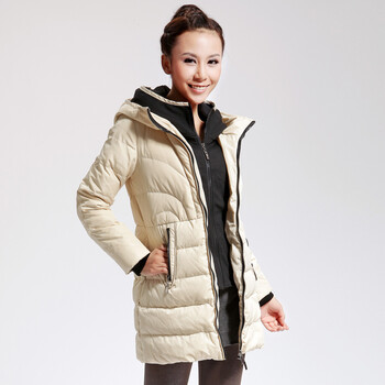 Cilaya/熙兰雅 韩国纹撞色拉链轻薄中长款修身羽绒服女正品 11701 米白 XL