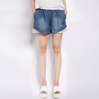 初念 2012夏新款宽松大码文艺显瘦蕾丝拼接热卖牛仔短裤女 牛仔蓝 均码