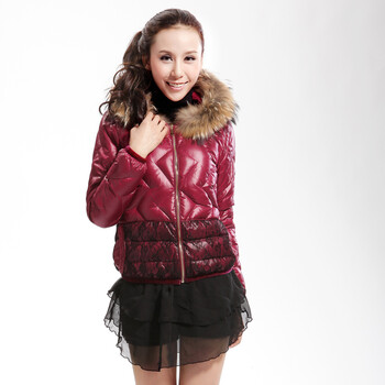 Cilaya/熙兰雅 毛领蕾丝拼接 斜格纹修身短款羽绒服女正品 11210 军绿 XL