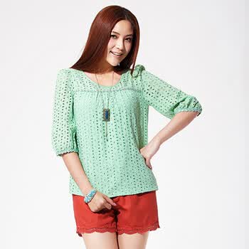 卓欧TOAIOU 2012女装新款镂空圆领七分袖中袖棉衬衫H205020 苹果绿 XL