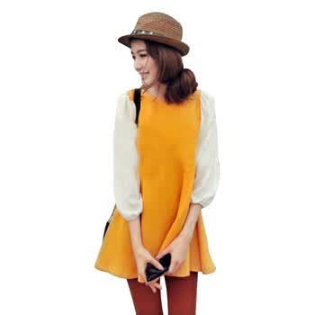 CUTIEPIGIE 都市妙龄热季拼色袖子圆领阔身收腰连衣裙LQ2612# 黄色 M