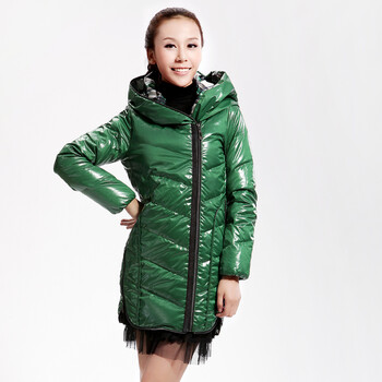 Cilaya/熙兰雅 不对称拉链细格纹连帽中长款羽绒服女正品 11709 绿色 XL