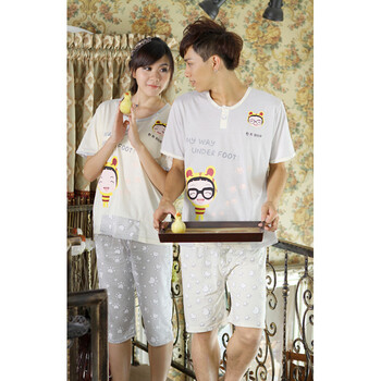 婷之妍新款夏季男女款纯棉情侣睡衣 短袖性感可爱家居服套装 692 693 浅灰色 男款 XXL