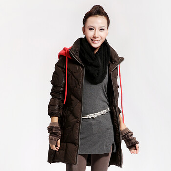 Cilaya/熙兰雅 菱形格纹轻薄修身撞色长款羽绒服女正品清仓 11729 咖啡 XXL