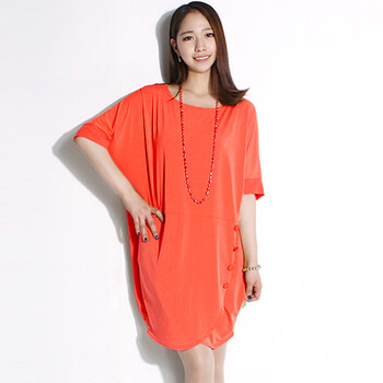 吉思美JSM 2012女夏装新款韩版短袖蝙蝠袖宽松扣子连衣长裙JK206D008 橘色 均码