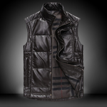 no1dara 冬装新品男装绵羊皮羽绒<em>马甲</em>男士真皮