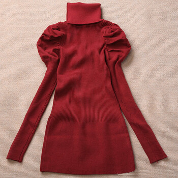 EyesonU 韩版泡泡袖<em>高领</em>针织衫秋冬修身中长