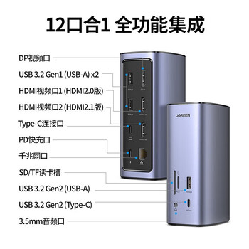 绿联(UGREEN) Type-C扩展坞双HDMI/DP四屏异显拓展坞桌面USB-C分线器网线转接头雷电3/4 90325 绿联(UGREEN) Type-C扩展坞双HDMI/DP四屏异显拓展坞桌面USB-C分线器网线转接头雷电3/4 90325