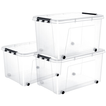 JEKO&JEKO 塑料透明可视收纳箱加厚特大号85L 3只装整理箱衣服玩具收纳盒棉被滑轮储物箱 透明盖子 SWB-5250