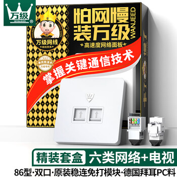 万级 六类网线插座 二位双口千兆网络面板 86型网络+电视家装宽带墙壁装修面板 1-145086白