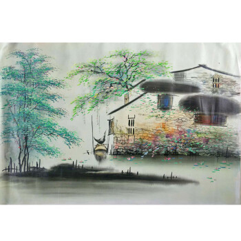 职业画家胡美莲纯手绘油画《江南烟雨》