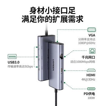 绿联 Type-C扩展坞苹果电脑转换器雷电4拓展坞HDMI通用苹果华为 7合1【HDMI+VGA+USB+网卡】15599