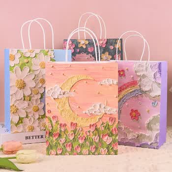 TaTanice礼品袋 生日礼物手提袋新年节日礼品收纳袋高级感购物包装袋可爱纸袋油画风景