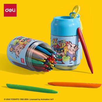 得力（deli）36色蜡笔小新三角杆塑料蜡笔(36色/桶)易拉罐造型不脏手双头可水洗儿童LB906-36美育工具