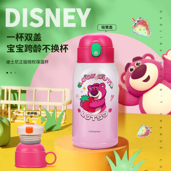 迪士尼（Disney）儿童保温杯吸管直饮杯316不锈钢大容量带杯套保温水壶650ml草莓熊