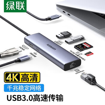 绿联 Type-C扩展坞苹果电脑转换器雷电4拓展坞HDMI通用苹果华为 7合1【HDMI+网卡+USB+读卡器】90568