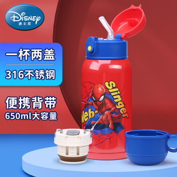 迪士尼（Disney）儿童保温杯吸管直饮杯316不锈钢大容量带杯套双盖650蜘蛛侠