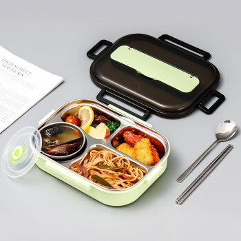 顺发304不锈钢蜜厨饭盒1.5L大容量便当盒分隔型学生上班族食堂分格餐盒 草绿色 1.5L