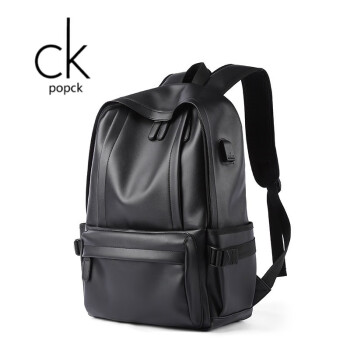 POPCK双肩包男休闲旅行包电脑包书包时尚潮流男士背包大容量包 黑色 ck B