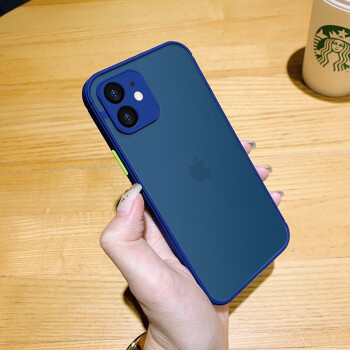 陌力苹果手机壳透明磨砂防摔保护套硅胶软边镜头全包保护蓝色iphone