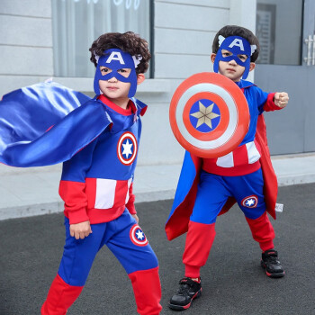 儿童角色扮演小男孩超人两件套红拼蓝面罩披风盾牌110码建议身高100cm