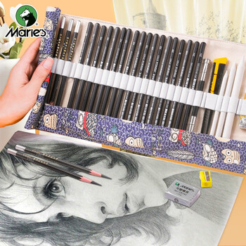 马利(Marie's)素描铅笔套装初学者学生绘画工具铅笔炭笔橡皮美工刀纸擦笔猫头鹰笔帘速写马克笔绘画