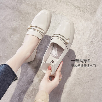 百搭英伦风粗跟乐福鞋女增高显瘦两穿鞋可踩脚新年新款 米色(经典款)