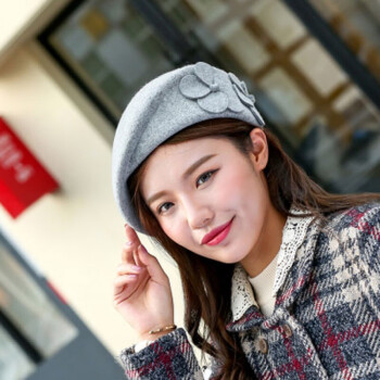 60贝雷帽女秋冬天韩版百搭韩版可爱时尚双花春秋冬天贝雷帽毛呢帽女