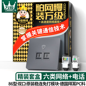 万级 六类网络面板 千兆网线插座二位双口 86型网络+电话家装宽带墙壁装修面板 1-145075灰