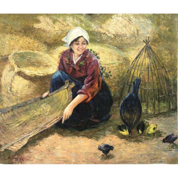 2010年朝鲜油画 功勋画家 李江 精品带合影《喂鸡的农妇》
