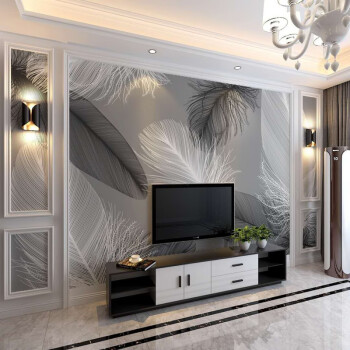 艺舍8d立体现代简约风格电视墙壁画定制墙纸大气黑白灰装修羽毛沙发