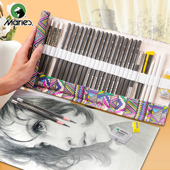 马利（Marie's）素描铅笔套装初学者学生绘画工具铅笔炭笔橡皮美工刀纸擦笔民族风笔帘