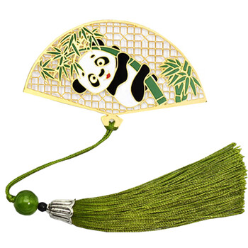 芬尚折扇熊猫书签可爱创意金属镂空黄铜镀彩中国风学生阅读分页书夹简约文艺流苏生日礼物 7.2cm*4.2cm伴手礼