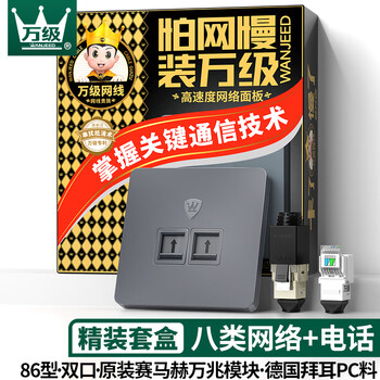 万级 网络面板八类 8类万兆免打网线插座 二位双口86型面板电脑电话网络墙壁插孔 1-148035灰