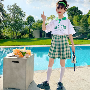 迪士尼（Disney）女童夏装套装裙洋气2024新款学院风jkpolo领短袖儿童百褶裙子 绿色 160cm