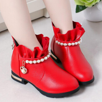 巴朗兔女童靴子冬季2020新款韩版加绒小女孩短靴中大童公主靴红色加绒