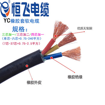 恒飞电缆YC重型橡套软电缆电源线国标足米铜芯线 多股四芯【YC4*120平方*100米/1卷】