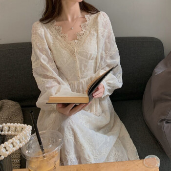连衣裙蕾丝刺绣女2022新款长袖温柔气质显瘦春秋法式初恋裙杏色不加绒
