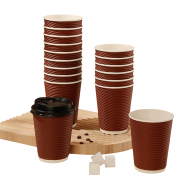 优奥一次性咖啡杯带盖大号30套*350ml 防烫双层瓦楞纸杯奶茶杯