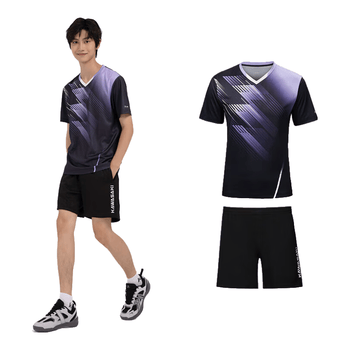 川崎（KAWASAKI）羽毛球服男款专业运动V领短袖+短裤套装B1813 黑色 3XL